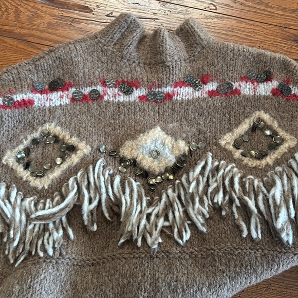 Free People Dark Crystal Wool Alpaca Fringe Oversized Poncho Sweater Size Small - Picture 11 of 13